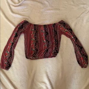 Printed long sleeve off the shoulder crop top